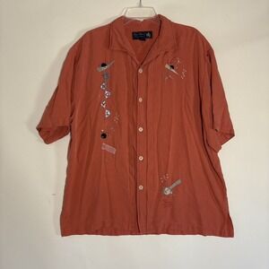 Nat Nast Button Shirt Mens L Orange 100% Silk Bowling Short Sleeve Retro Grandpa